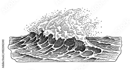 Intricate pen drawing of ocean waves capturing dynamic sea movement