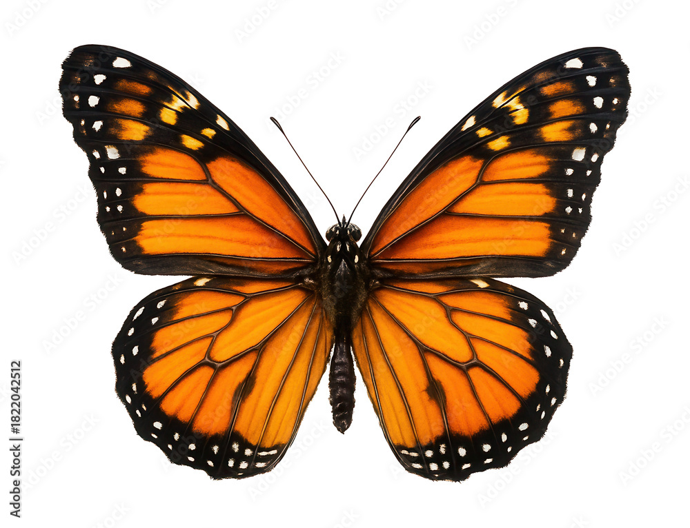 Fototapeta premium Vibrant orange butterfly with black patterns and white spots on its wings.