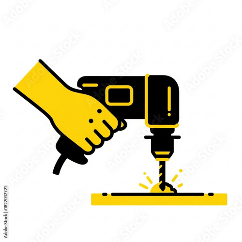 Hand holding a drill creating a hole in a surface isolated on white background