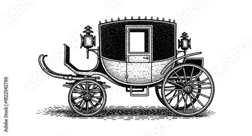 Detailed vintage horse carriage in black and white line art style