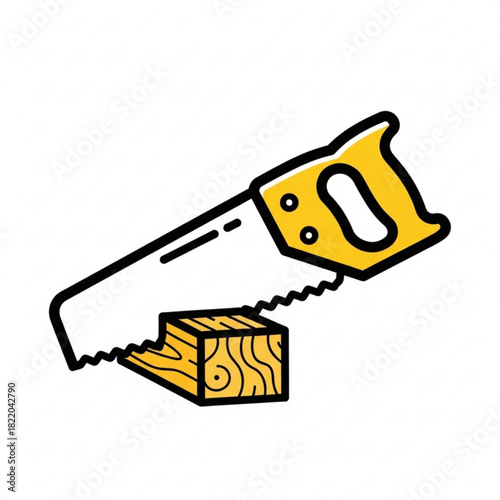 Hand saw cutting a wooden block isolated on white background