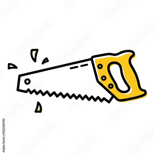 Hand saw tool with yellow handle isolated on white background