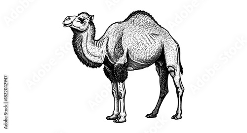 Detailed black and white engraving of a camel facing forward with textured fur