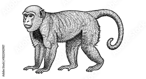 Detailed black and white monkey drawing in vintage style