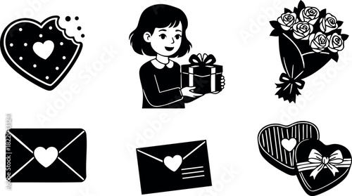 Valentine icons set with gift box roses heart envelopes and chocolate sweets vector illustration