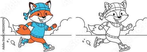 Cute cartoon fox ice skating. Vector coloring book page for kids with colored example and black outline. Winter sports activity illustration.