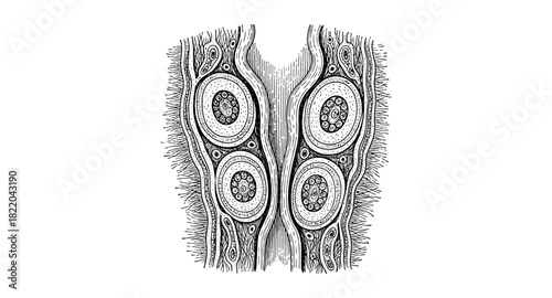 Intricate black and white cross section of primitive wood structure