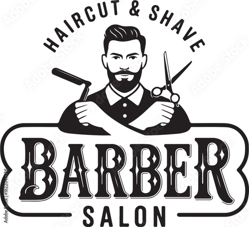 Barber Salon Logo with Straight Razor and Scissors