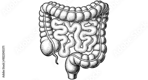 Detailed hand-drawn anatomy of human intestines in vintage style