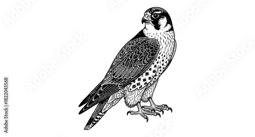 Detailed ink drawing of a peregrine falcon with intricate feather patterns