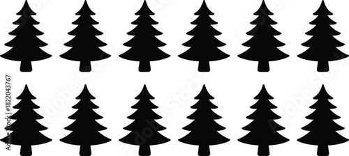 Black pine tree silhouette vector set isolated on white background for winter forest nature landscape and Christmas holiday design elements.