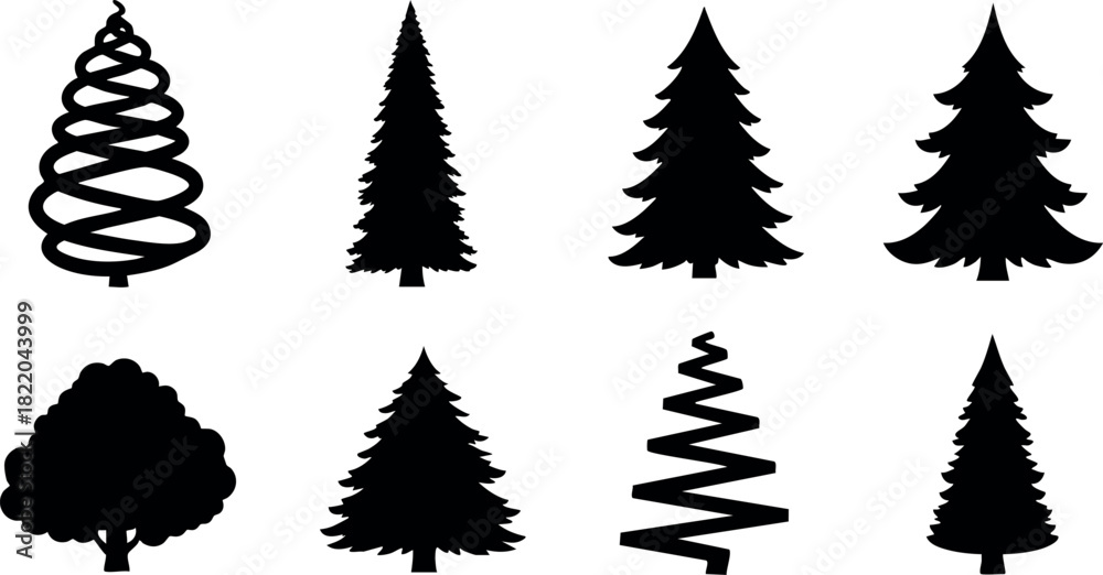 Fototapeta premium Black tree silhouettes set with pine fir and leafy shapes isolated on white background vector illustration