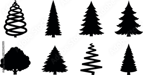 Black tree silhouettes set with pine fir and leafy shapes isolated on white background vector illustration