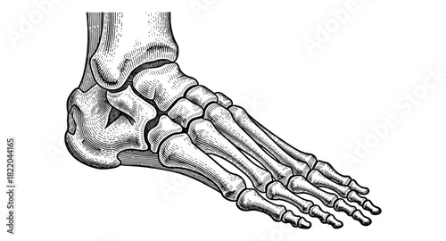 Detailed anatomy of human foot bones in vintage engraving style