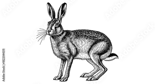 Hand-drawn hare in detailed vintage style, black and white animal art