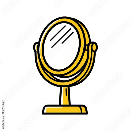 Illustration of a yellow vanity mirror with a round shape and a simple stand design on a white background silhouette