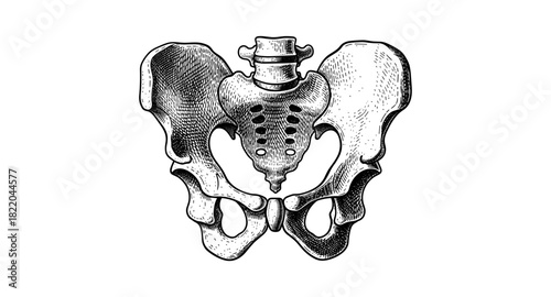 Vintage anatomical pelvis drawing in black and white ink style