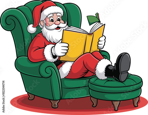 Cartoon Santa Claus sitting in green armchair with feet on ottoman reading yellow book for Christmas holiday vector illustration.