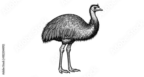 Detailed black and white emu drawing with intricate feather texture