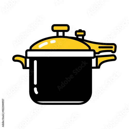 Illustration of a black and yellow pressure cooker with handles and a secure fitting lid design style silhouette
