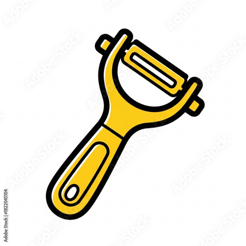 Illustration of a yellow vegetable peeler with a black outline and white background displayed clearly silhouette