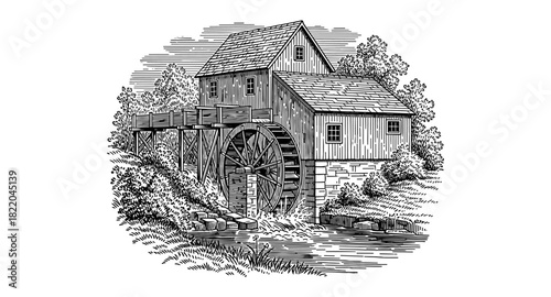 Vintage engraving of rustic watermill by a tranquil forest stream