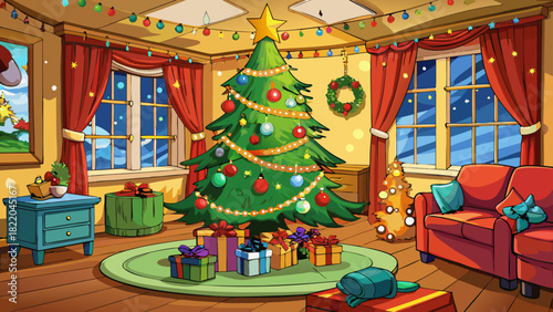 Very beautiful cozy Christmas scene featuring a fully decorated tree adorned with twinkling lights, colorful ornaments, and festive garlands, set in a warm and inviting living room interior.