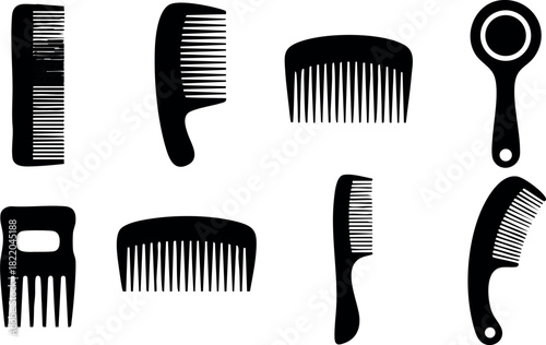 Black silhouette hair combs various styles grooming tools vector illustration
