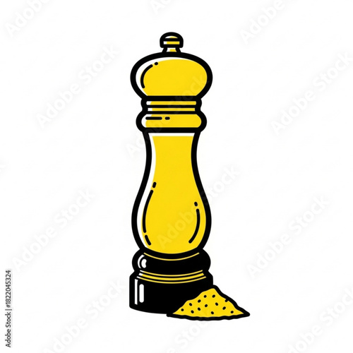 Illustration of a yellow pepper grinder with a small pile of pepper on a white background silhouette