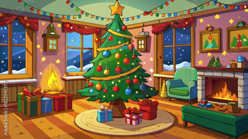Very beautiful cozy Christmas scene featuring a fully decorated tree adorned with twinkling lights, colorful ornaments, and festive garlands, set in a warm and inviting living room interior.
