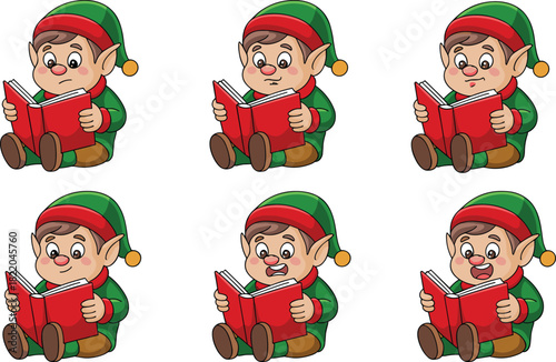 Cute cartoon Christmas elf character vector set sitting and reading book with different facial expressions for holiday season design projects.