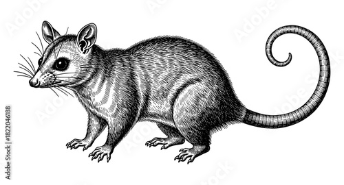 Intricate engraving of a ringtail possum with detailed features