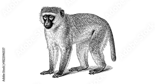 Detailed black and white engraving of a monkey standing