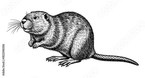 Detailed black and white etching of muskrat animal in profile view