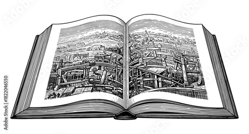 Intricate line drawing of an open book with detailed cityscape illustration