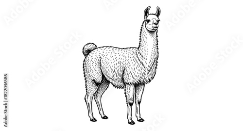 Detailed hand drawn llama in black and white style with intricate fur patterns