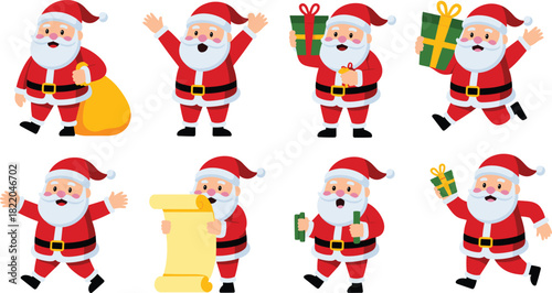 Cute cartoon Santa Claus vector character set featuring running walking carrying sack and holding gifts for Christmas holiday design projects.
