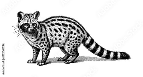 Detailed engraving of a spotted genet in classic black and white style