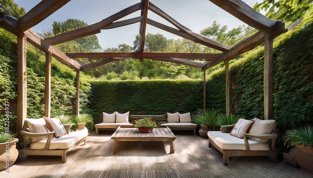 Fototapeta premium a serene outdoor garden space featuring relaxation chairs under a canopy surrounded by lush greenery and stone walls for a comfortable ambiance