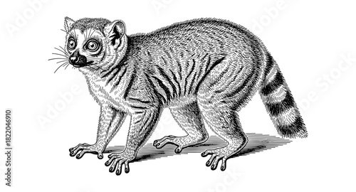 Detailed black and white engraving of a curious lemur with striking eyes