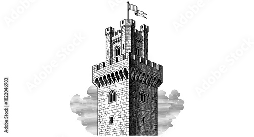 Medieval castle tower with flag illustration in detailed engraving style