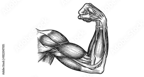 Detailed arm muscles flexing in vintage etching style