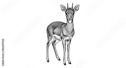 Detailed ink drawing of a delicate dik-dik antelope facing forward