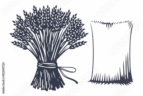 Black and white hand drawn illustration of a bundle of wheat stalks tied together next to an empty sack, symbolizing harvest, agriculture, and grain storage
