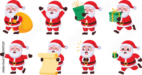 Cute cartoon Santa Claus vector set featuring running, walking, holding gifts, reading scroll list for Christmas holiday season design projects.