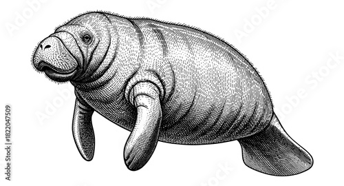 Detailed engraving of a manatee on white background