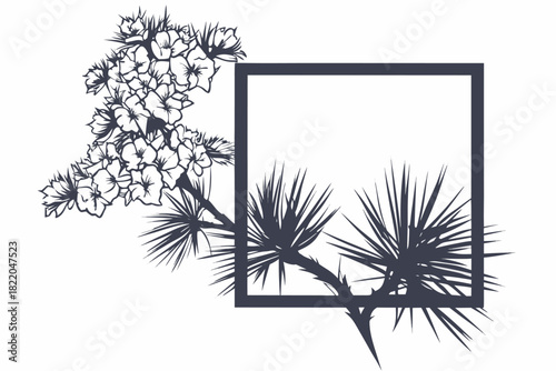 Elegant black and white floral frame design featuring blooming flowers and spiky foliage branches, perfect for invitations or decorative elements