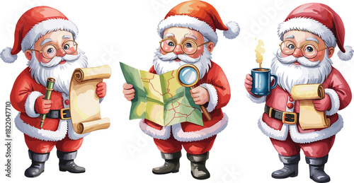Cute cartoon Santa Claus vector set holding map magnifying glass telescope and drinking coffee for winter Christmas holiday design elements.