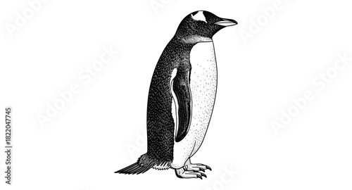 Detailed penguin side view in black and white pen sketch style