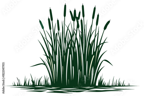 Silhouette graphic illustration of a dense clump of cattails with long, slender leaves and characteristic brown, cylindrical flower spikes